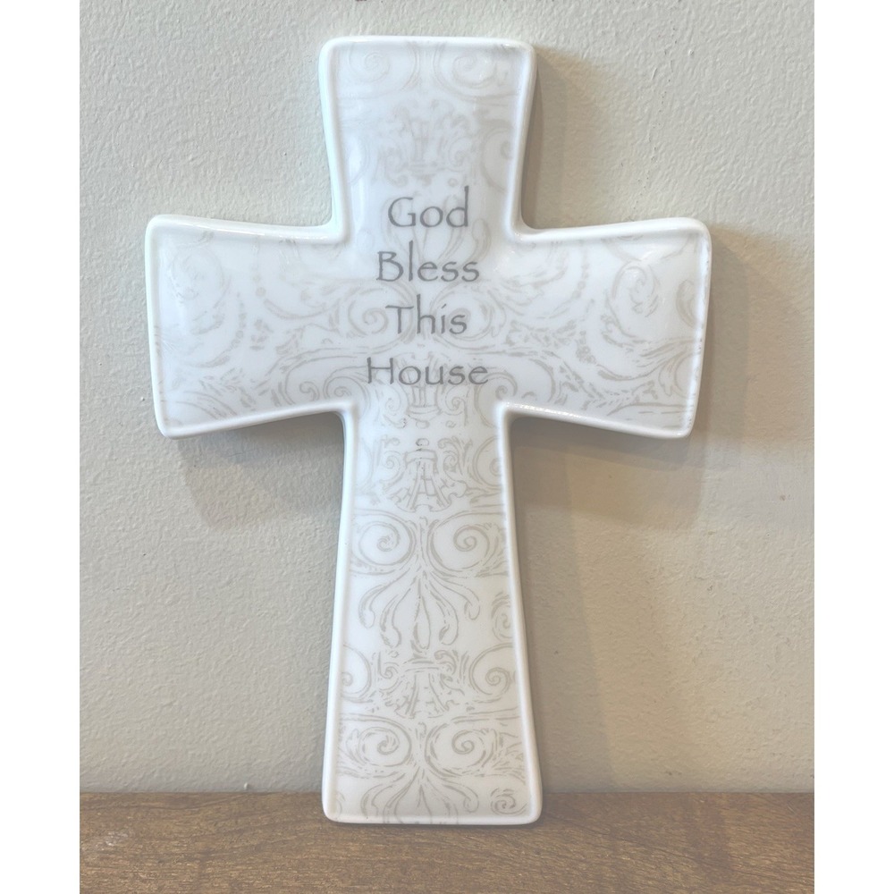 GUND Gifts Ceramic Cross "God Bless This House" Wall Decor White 7" Christianity